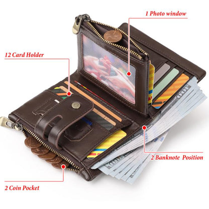 HUMERPAUL BP778 Portefeuille court en cuir RFID à trois volets avec double fermeture éclair (noir)
