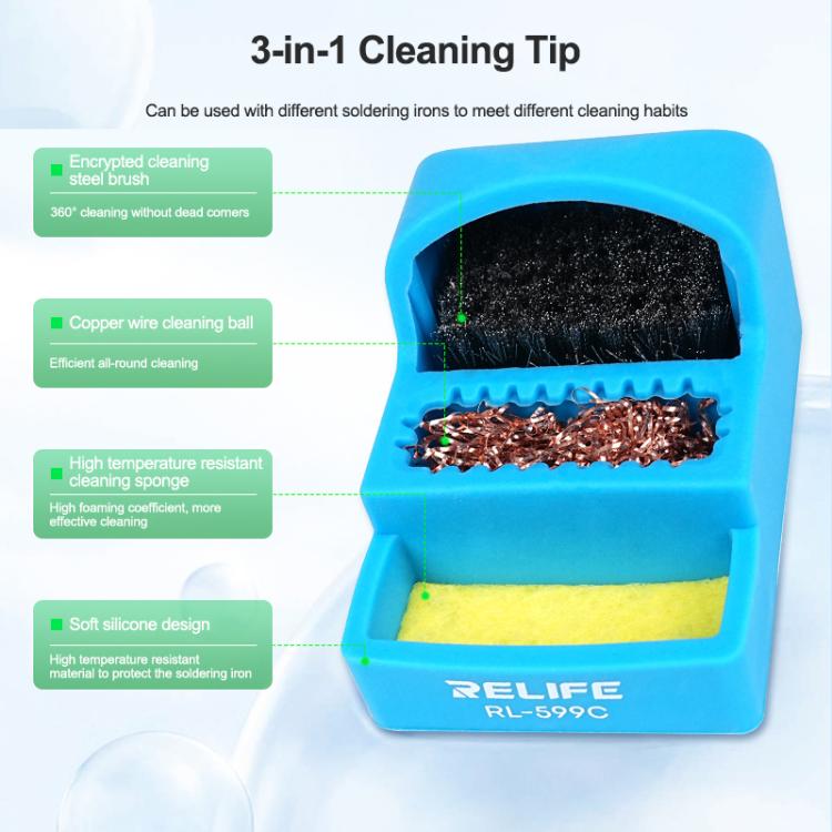 RELIFE RL-599C 3 In 1 Soldering Iron Cleaner Soldering Iron Tip Tin Residue High Temperature Resistant Cleaning Sponge Steel Wire Cleaning Ball