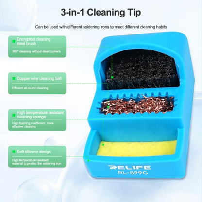 RELIFE RL-599C 3 In 1 Soldering Iron Cleaner Soldering Iron Tip Tin Residue High Temperature Resistant Cleaning Sponge Steel Wire Cleaning Ball