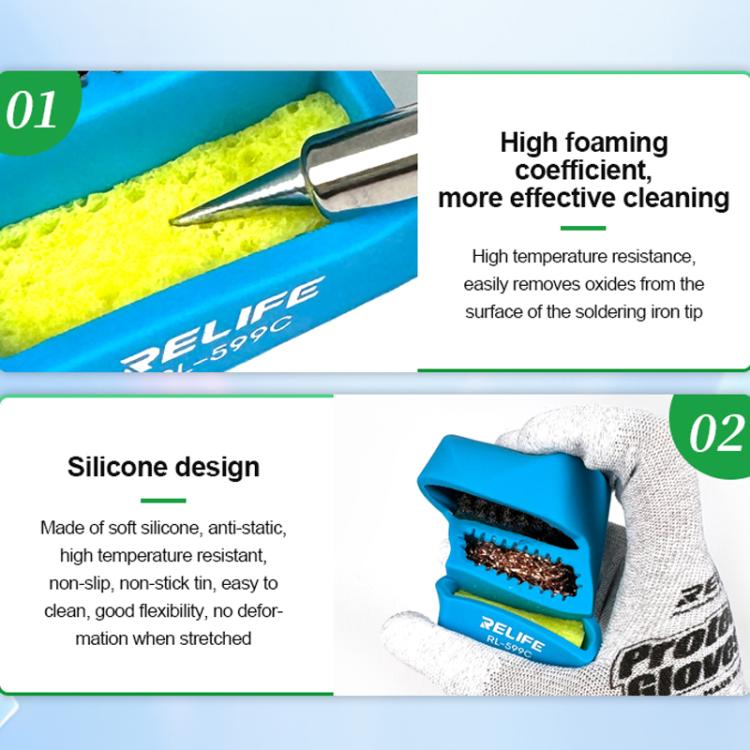 RELIFE RL-599C 3 In 1 Soldering Iron Cleaner Soldering Iron Tip Tin Residue High Temperature Resistant Cleaning Sponge Steel Wire Cleaning Ball