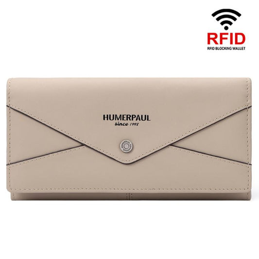 HUMERPAUL BP998 Portefeuille long en cuir pour femme RFID, porte-cartes multiples, pochette (Beige)