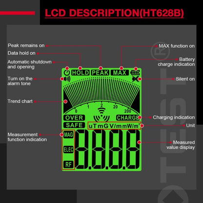 HABOTEST HT628B Multi-Field EMF Meter Rechargeable Electromagnetic Radiation Tester