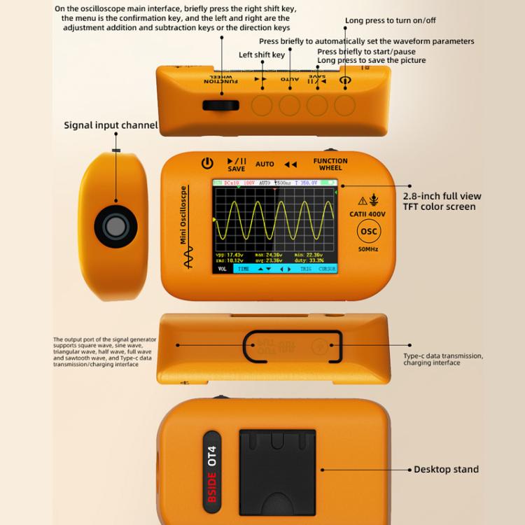 BSIDE OT4 Miniature Oscilloscope Signal Generator Rechargeable Handheld Color Screen 50MHz Oscilloscope