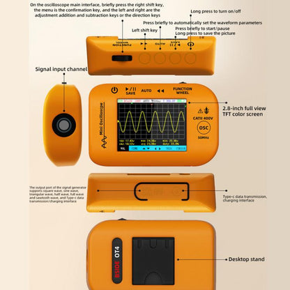 BSIDE OT4 Miniature Oscilloscope Signal Generator Rechargeable Handheld Color Screen 50MHz Oscilloscope
