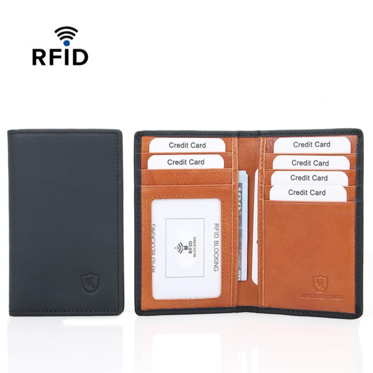 DKER LEATHER RFID Retro Color-Block 2 Fold Credit Card Wallet Leather ID Card Case(Black)