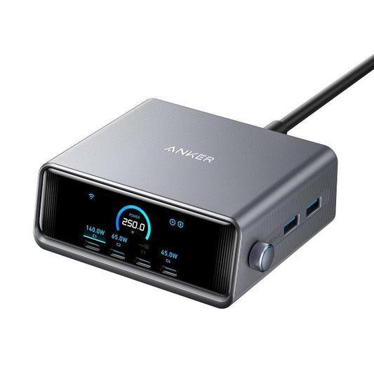 ANKER Prime Gallium Nitride 250W Fast Charger 4 Type-C+2 USB 6-port Desktop Smart Display Charging Station, US Plug(Black)