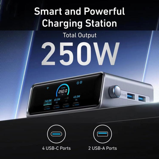 ANKER Prime Gallium Nitride 250W Fast Charger 4 Type-C+2 USB 6-port Desktop Smart Display Charging Station, US Plug(Black)