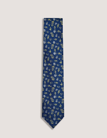 Cravate en soie à motif floral bleu marine et jaune doré