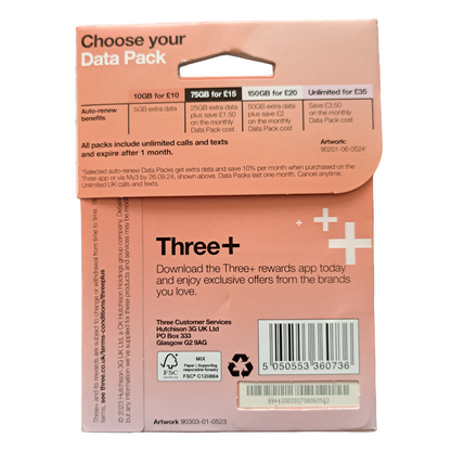 Carte SIM prépayée Three - 20 £