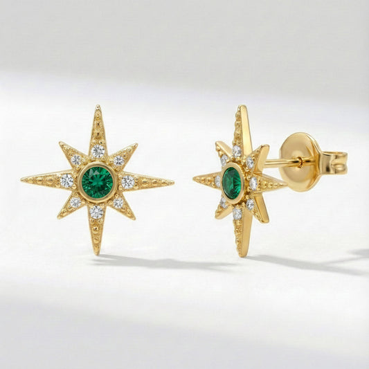 Boucles d'oreilles clous étoile pierre de naissance Ursa | Plaqué or 18 carats