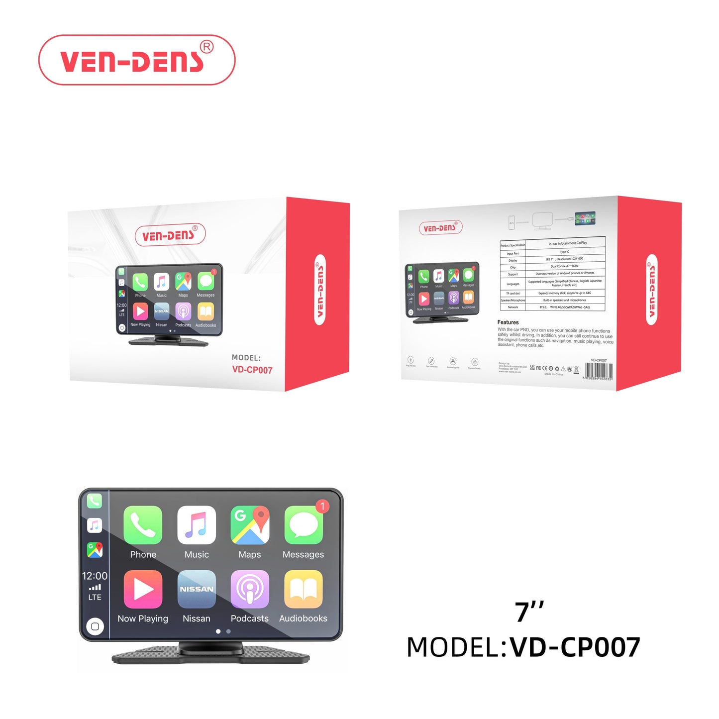 Ven Dens VD-CP007 in-car infotainment CarPlay Type-C IPS 7″ Display