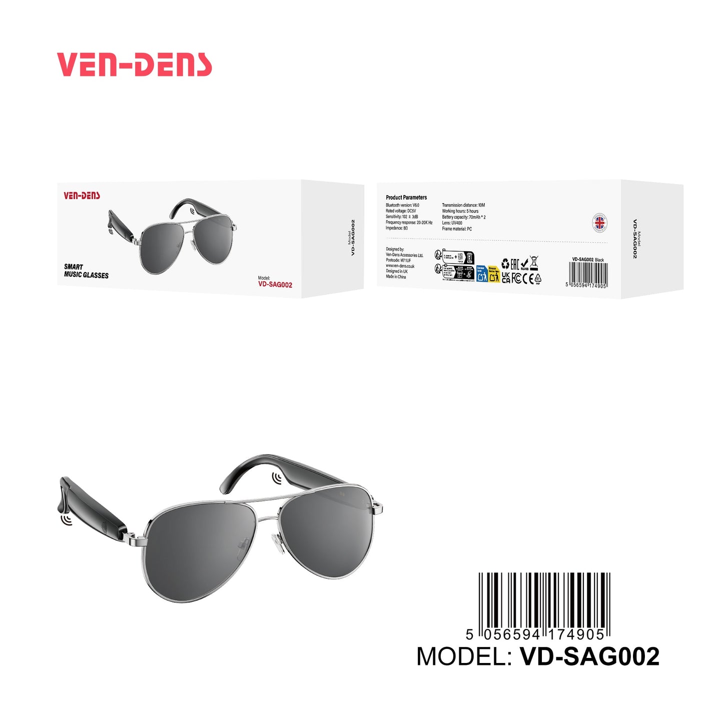 Smart Music Glasses with Bluetooth 6.0, Open-Ear Audio, Hands-Free Calling, UV400 Protection – Model VD-SAG002