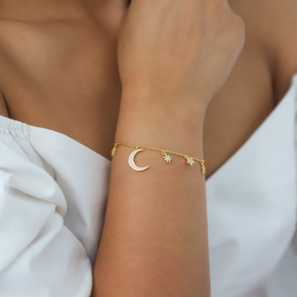 Bracelet breloques Lune et Étoile Vega | Plaqué or 18 carats