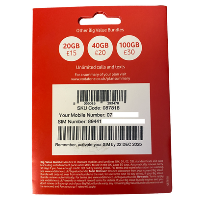 Vodafone Pay As You Go Sim Card 30 Day Bundle - £10