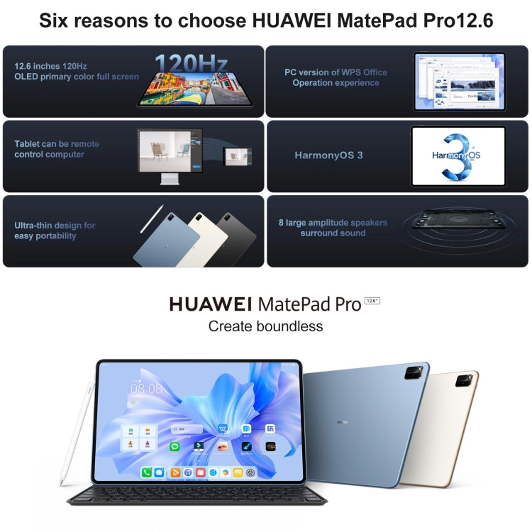 HUAWEI MatePad Pro 12.6 inch 2022 WiFi WGRR-W09 8GB+256GB, HarmonyOS 3 Hisilicon Kirin 9000E Octa Core, Support Dual WiFi / BT / GPS, Not Support Google Play(Blue)