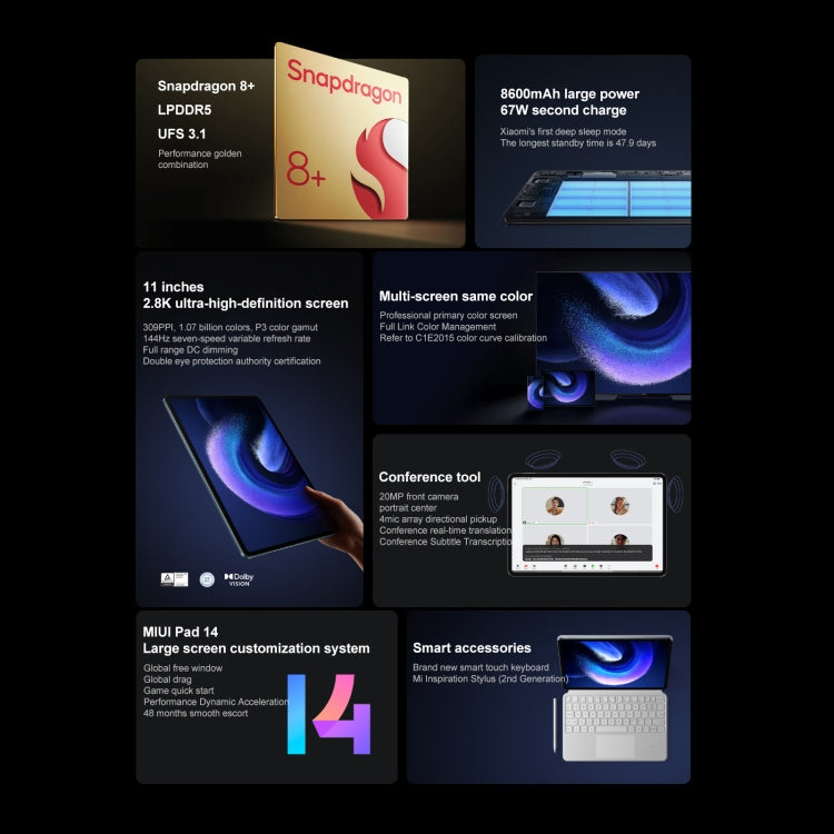 Xiaomi Pad 6 Pro, 11.0 inch, 12GB+256GB, MIUI 14 Qualcomm Snapdragon 8+ 4nm Octa Core up to 3.2GHz, 20MP HD Front Camera, 8600mAh Battery (Gold)