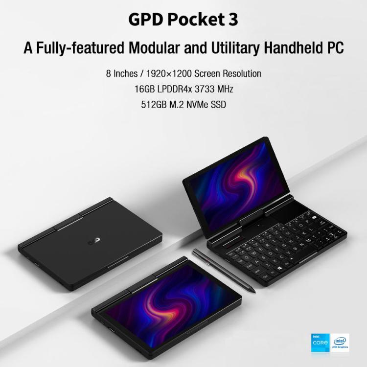 Mini PC portable GPD Pocket 3, 16 Go + 512 Go, écran 8 pouces Windows 11 Famille Intel Pentium Gold 7505, prise britannique
