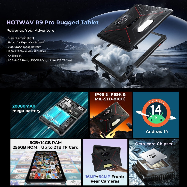 [Entrepôt HK] Tablette robuste HOTWAV Tab R9 Pro IP68/IP69K, 6 Go + 256 Go, Android 14 de 11 pouces, Unisoc T606 Octa Core, réseau 4G, version globale avec Google Play, prise UE (noir et rouge)