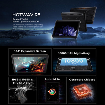 [HK Warehouse] Tablette robuste HOTWAV Tab R8 IP68/IP69K, 4 Go+128 Go, 10,1 pouces Android 14 Unisoc T606 Octa Core Réseau 4G, Version globale avec Google Play, Prise UE (Noir+Orange)