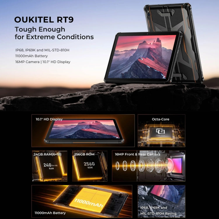 [HK Warehouse] OUKITEL RT9 4G Network IP68/IP69K Rugged Tablet, 6GB+256GB, 10.1 inch Android 14 Unisoc T606 Octa-Core Support Dual SIM, EU Plug (Orange)