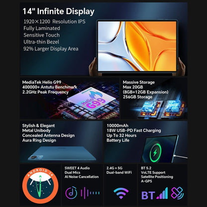 Teclast T70 4G LTE Tablet PC, 8GB+256GB, 14 inch Android 14 MediaTek Helio G99 Octa Core, Support Dual SIM