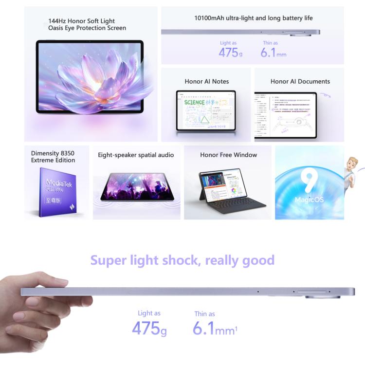 Tablette WiFi Honor Pad V9, 11,5 pouces 8 Go+128 Go MagicOS 9.0 Dimensity 8350 Ultra Octa Core (Violet)