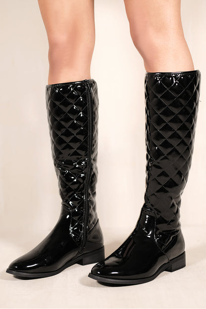 CLOUD QUILTED CALF BOOTS WITH DIAMOND DETAILING IN BLACK PATENT FAUX LEATHER