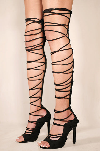 QUINN HIGH HEEL STILETTO WITH THIGH HIGH LACE UP IN BLACK SUEDE