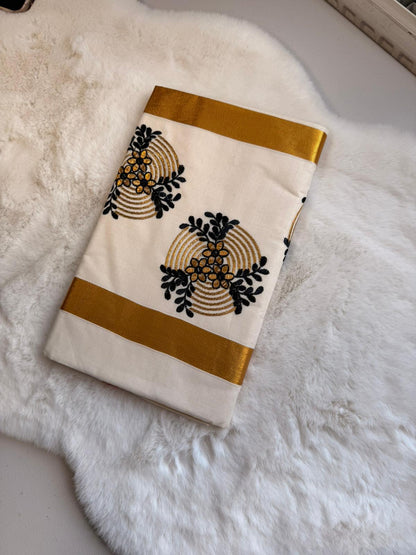 Midnight Bloom Kerala Kasavu Saree