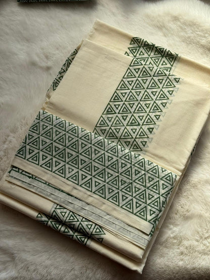 Modern Kerala Cotton Set Mundu with Matching Blouse Piece – Green Geometric Pattern