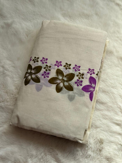 Premium Kerala Floral Set Mundu with Matching Blouse Piece – Purple Bloom Design