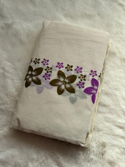 Premium Kerala Floral Set Mundu with Matching Blouse Piece – Purple Bloom Design