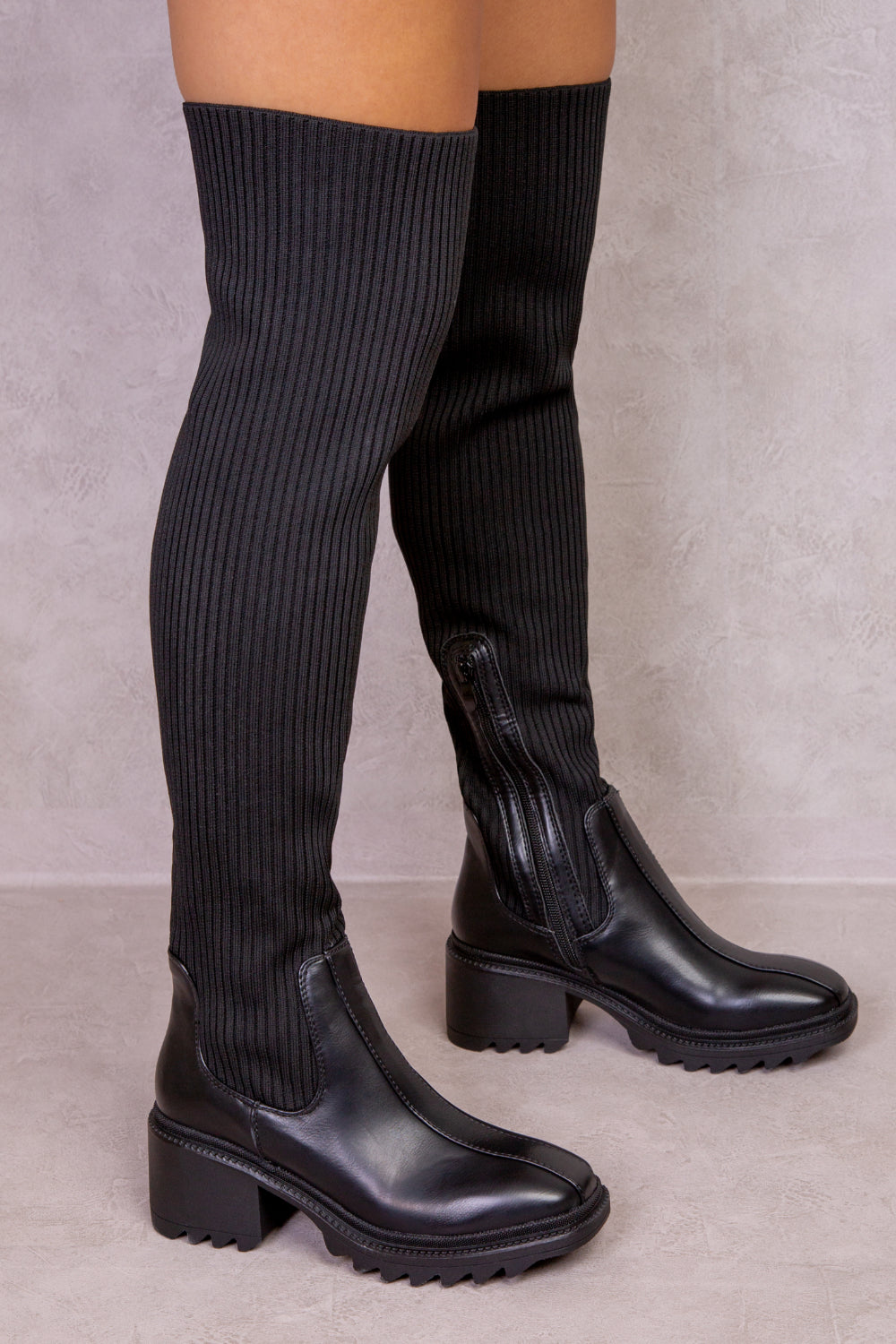 MOLLY CHUNKY OVER THE KNEE BOOT WITH KNITTED LEG FIT IN BLACK