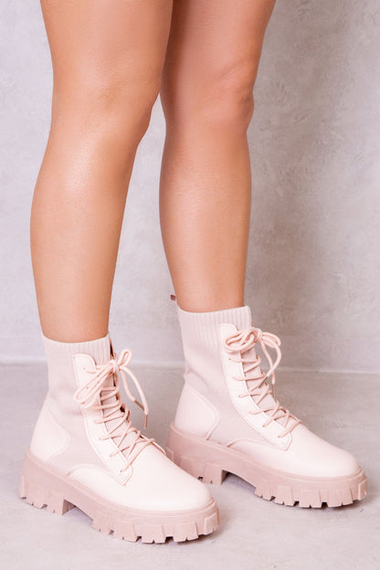 ALORAH CHUNKY BOOT WITH KNITTED SOCK IN BEIGE