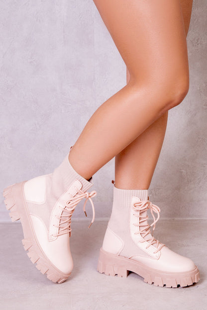 ALORAH CHUNKY BOOT WITH KNITTED SOCK IN BEIGE