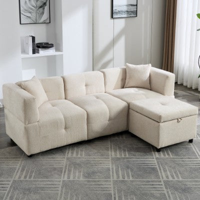 80 Sectional Sofa Couch With Removable Storage Ottoman, Fabric Sofa For Living Room Apartment, L-Shaped Sofa With 2 Pillows For Home Apartment Office Living Room, Beige