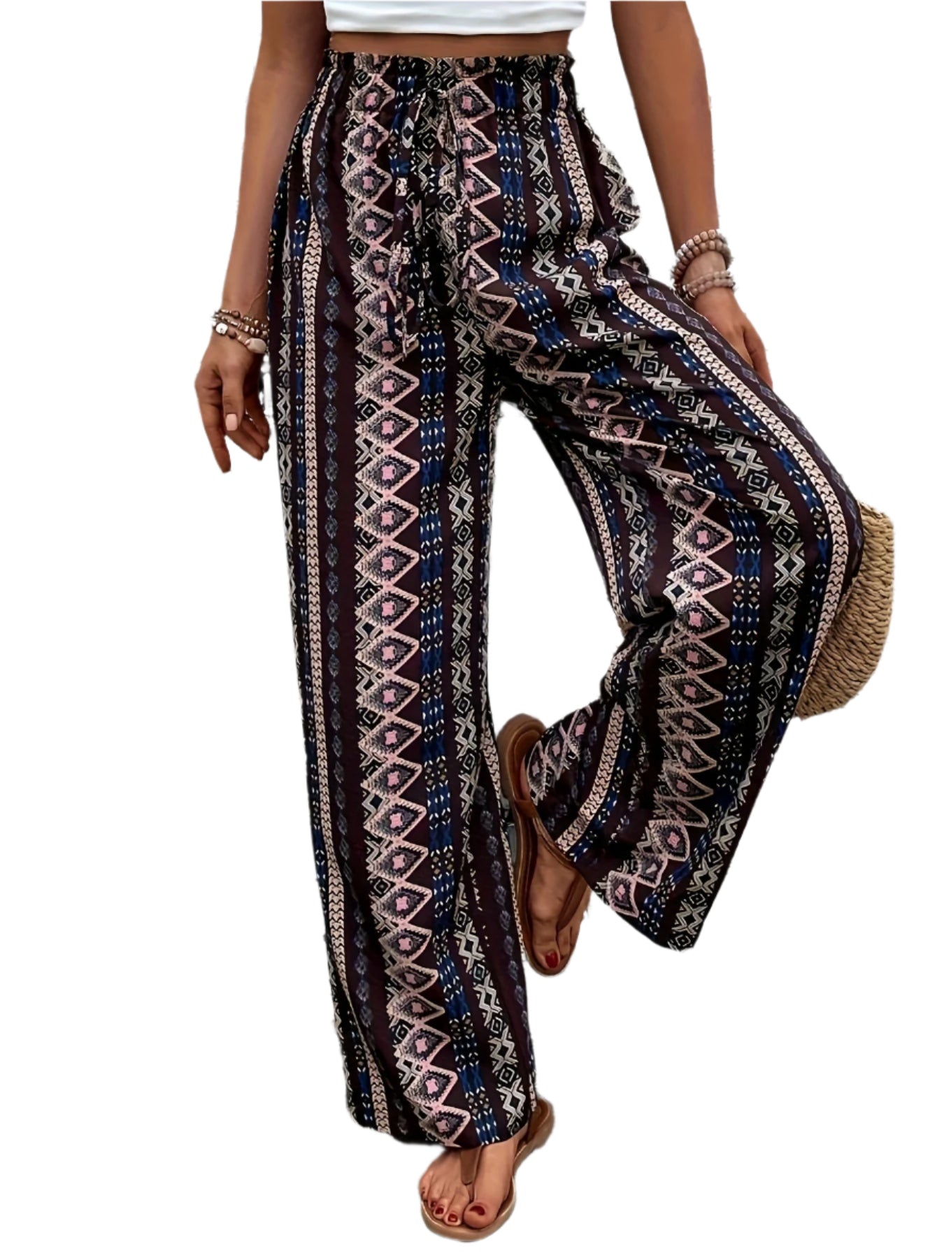 Pantalon ample à jambes larges et imprimé bohème