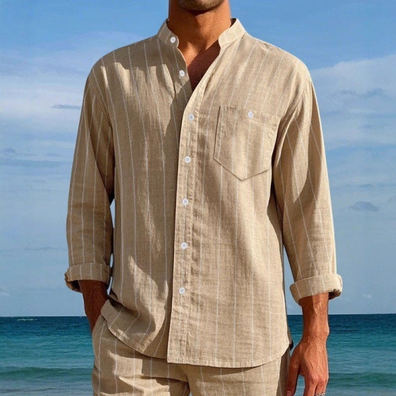 Men's Linen Fashion Shirt Striped Stand-up Collar Loose-fitting Breathable Casual