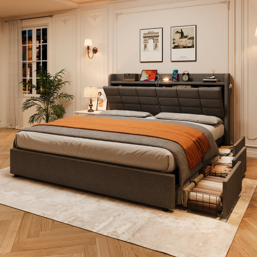 5ft King Bed Frame With Hydraulic Storage, Linen Upholstered Bed With Concealed Headboard Storage And Drawers, Button Tufted Headboard With Charging Station And LED Night Light, Grey