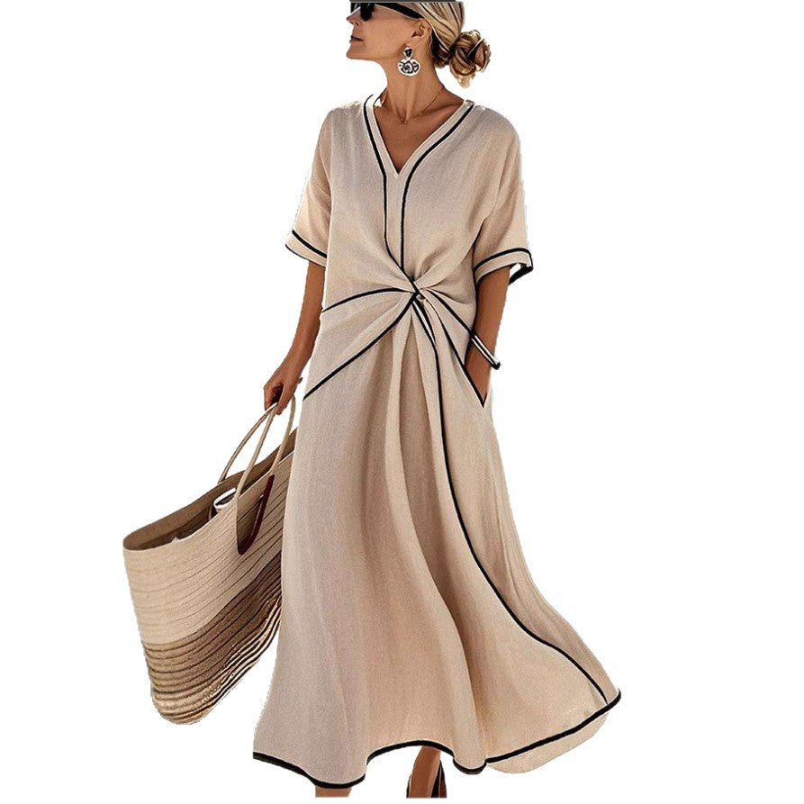 Loose Striped Short-Sleeve Maxi Dress