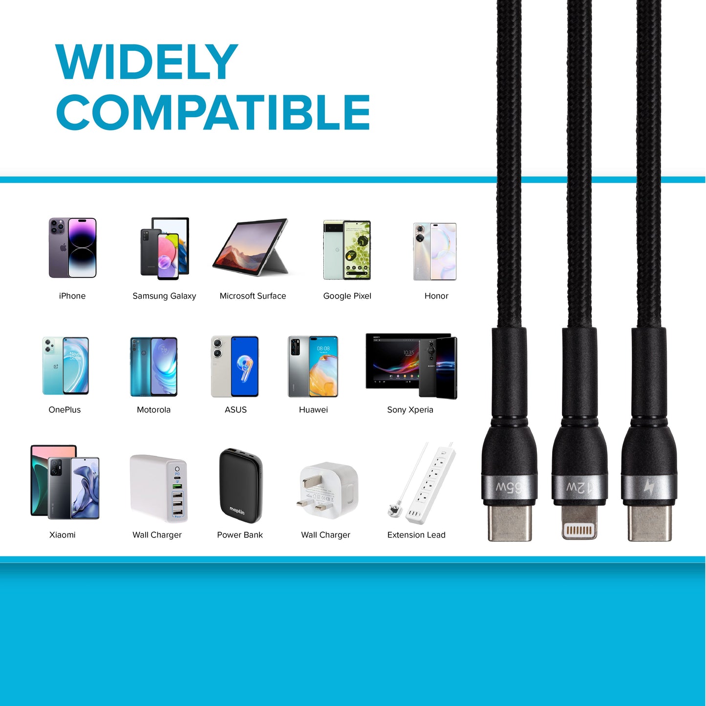 Maplin 2-in-1 USB-C to Multi-Charging USB-C 65W & Lightning 12W Braided Cable