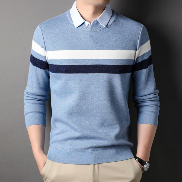 Men's Two Pieces Shirt Collar Striped Sweater - Stuffs & Savers