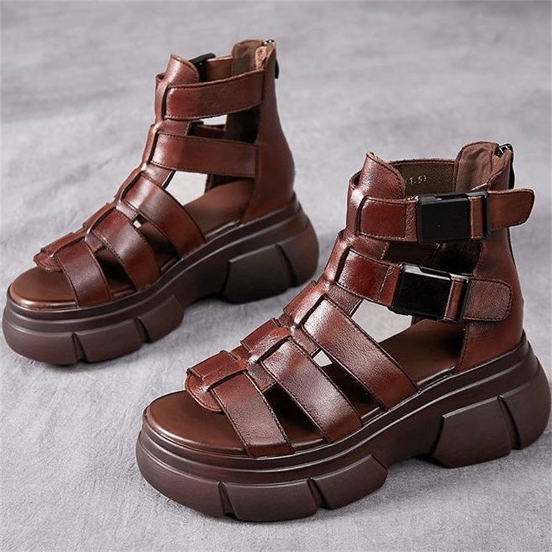 Sandales Rétro Élégantes à Plateforme Évidée en Cuir pour Femmes