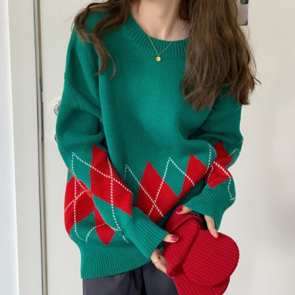 Western Fashion All Match Long Sleeved Round Neck Sweater Spring New Women's Clothing European And American Thickened Rhombus Sweater For Women - Stuffs & Savers