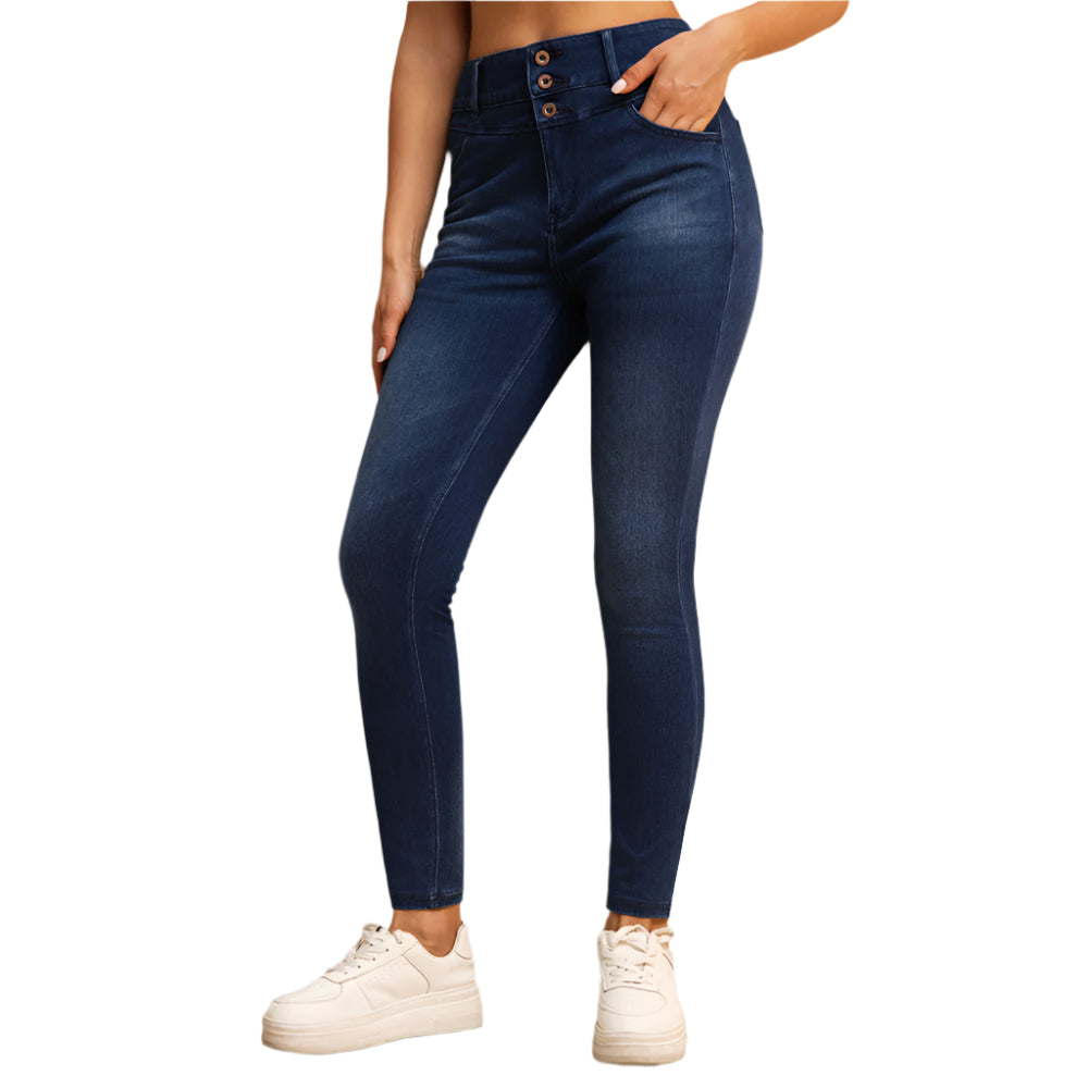 Shascullfites Melody Jean Skinny Taille Haute pour Femme – Jean Stretch Bleu Foncé avec Poches Zippées et Effet Push-Up