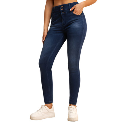 Shascullfites Melody Jean Skinny Taille Haute pour Femme – Jean Stretch Bleu Foncé avec Poches Zippées et Effet Push-Up