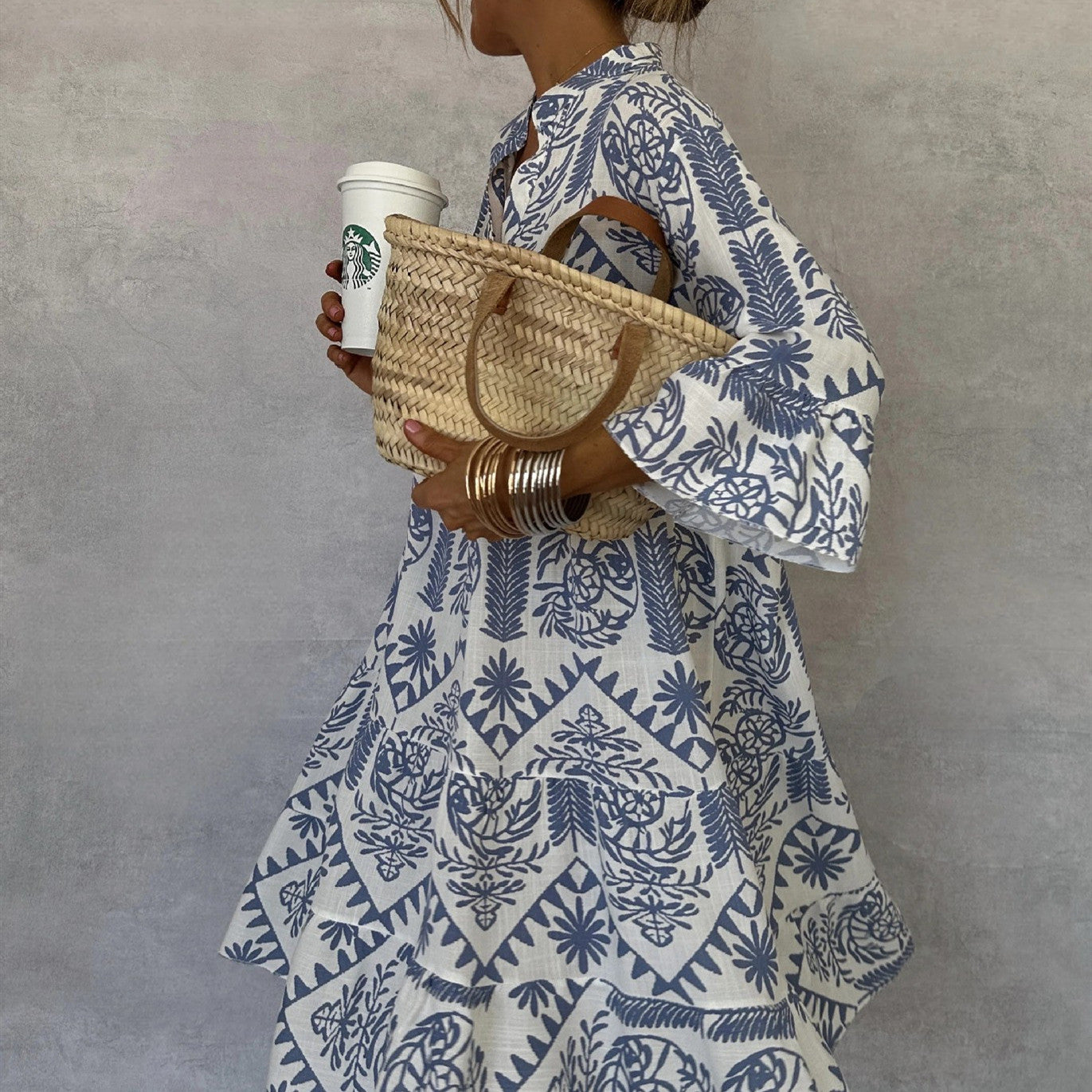 Women V-neck Flare Sleeve Ruffle Shirt Dress
