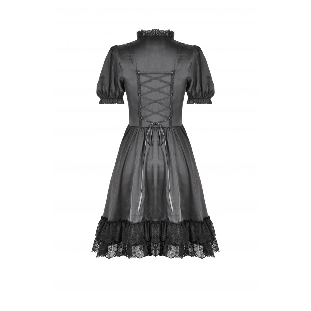 Robe Gothique Noire Dark in Love Belladonna à Manches Bouffantes et Col Montant Lacé