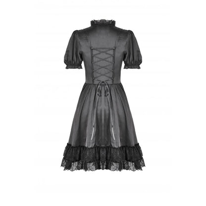 Robe Gothique Noire Dark in Love Belladonna à Manches Bouffantes et Col Montant Lacé
