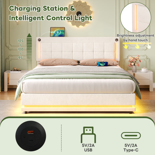 5ft King LED Hydraulic Bed With Charging Station, Adjustable Square Tufted Headboard With Intelligent Control Light, Soft Velvet Bed Frame With USB And Type - C Ports, Beige
